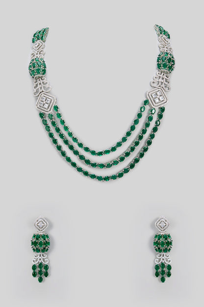 White Gold Finish Green Cubic Zirconia Layered Necklace Set