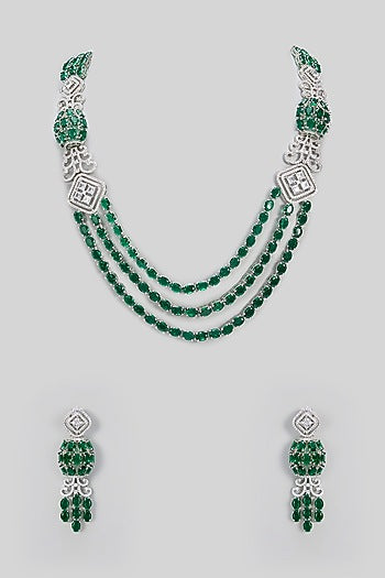 White Gold Finish Green Cubic Zirconia Layered Necklace Set