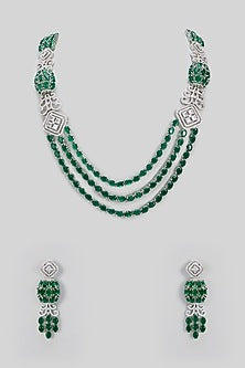 White Gold Finish Green Cubic Zirconia Layered Necklace Set