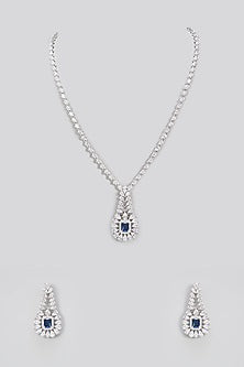 White Gold Finish Blue Cubic Zirconia Long Necklace Set