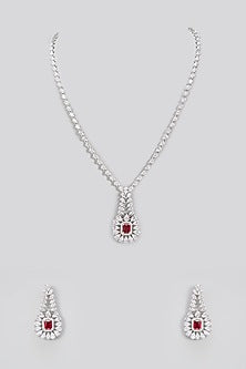 White Gold Finish Red Cubic Zirconia Long Necklace Set