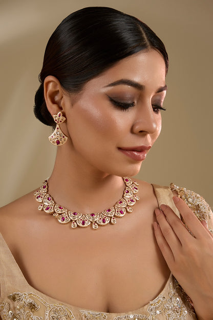 Gold Plated Kundan Polki & Pink Stone Meenakari Necklace Set
