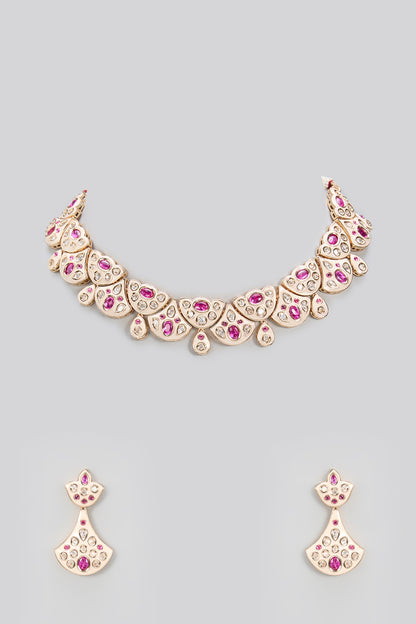 Gold Plated Kundan Polki & Pink Stone Meenakari Necklace Set