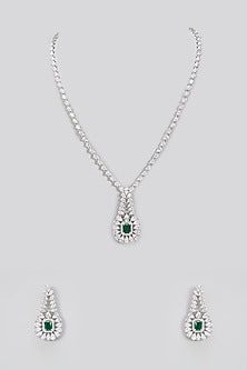 White Gold Finish Green Cubic Zirconia Long Necklace Set