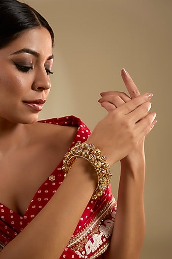 Gold Finish Ruby & Emerald Kemp Stone Kada