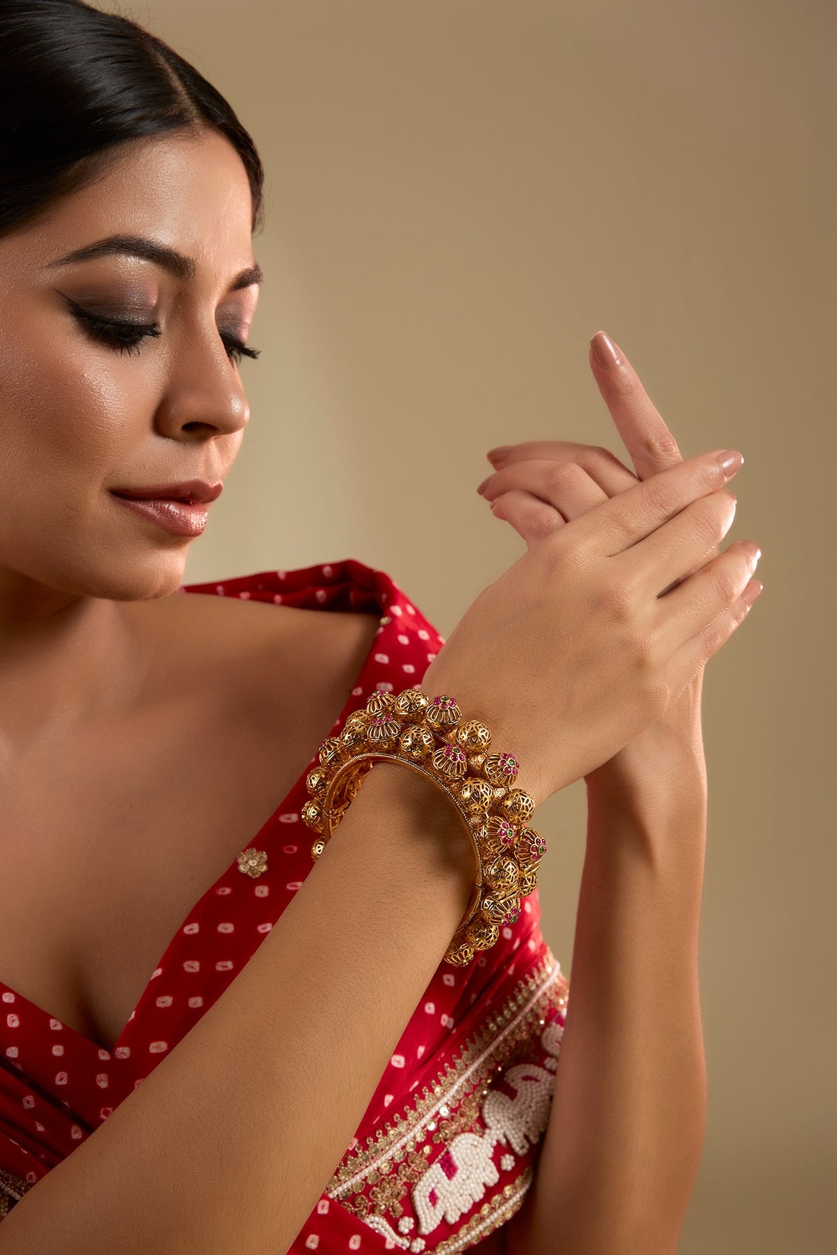 Gold Finish Ruby & Emerald Kemp Stone Kada