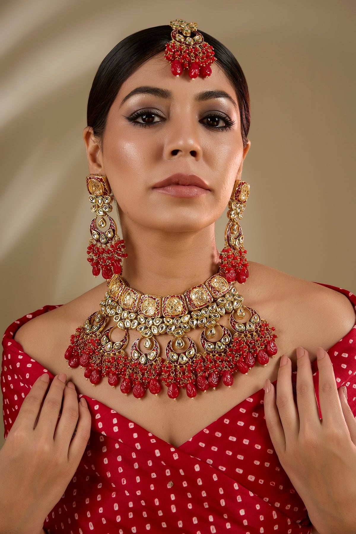 Gold Plated Kundan Polki & Red Beaded Meenakari Necklace Set