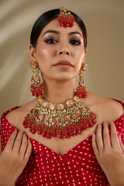 Gold Plated Kundan Polki & Red Beaded Meenakari Necklace Set