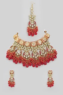 Gold Plated Kundan Polki & Red Beaded Meenakari Necklace Set
