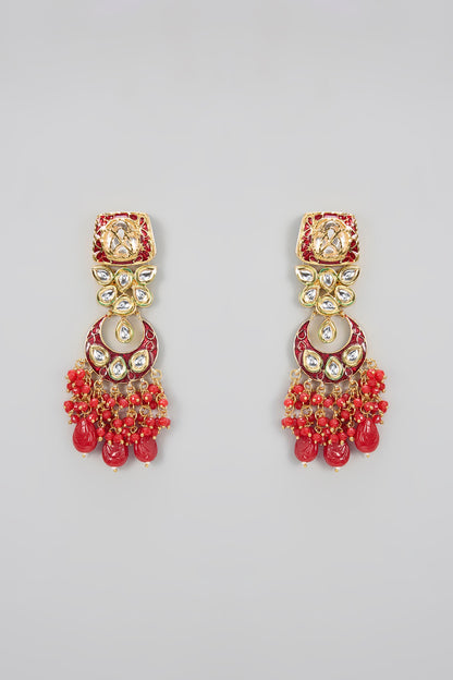 Gold Plated Kundan Polki & Red Beaded Meenakari Necklace Set