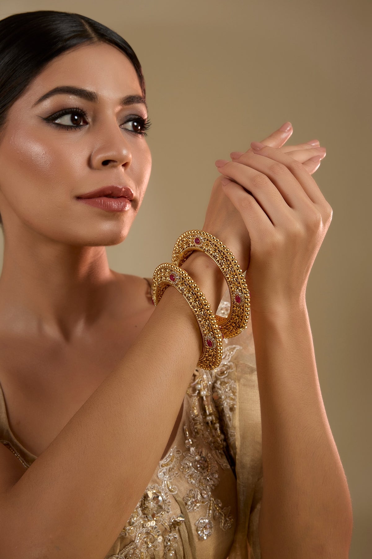 Gold Finish Ruby Kemp Stone Kadas (Set Of 2)