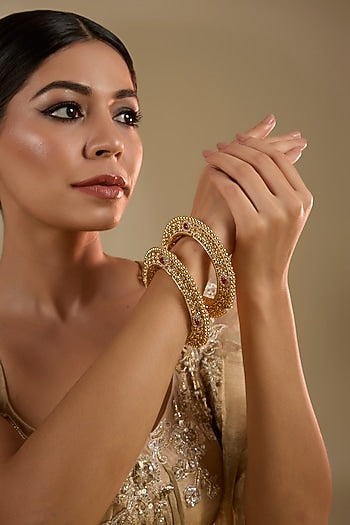 Gold Finish Ruby Kemp Stone Kadas (Set Of 2)