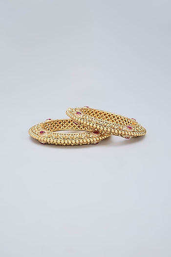 Gold Finish Ruby Kemp Stone Kadas (Set Of 2)