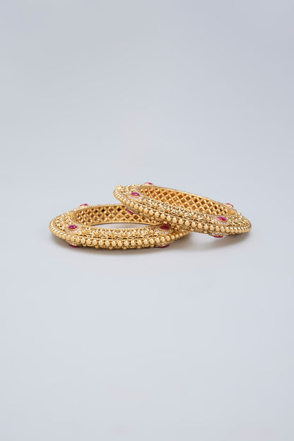 Gold Finish Ruby Kemp Stone Kadas (Set Of 2)