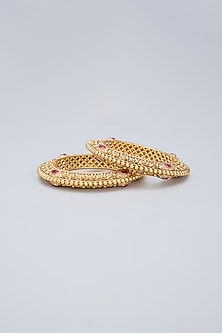 Gold Finish Ruby Kemp Stone Kadas (Set Of 2)