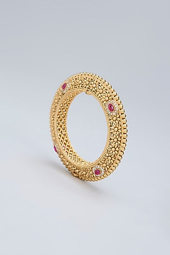Gold Finish Ruby Kemp Stone Kadas (Set Of 2)