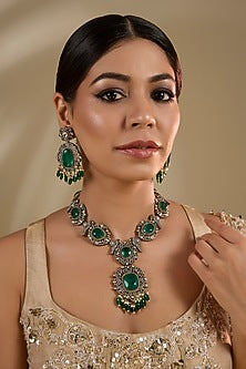 Two Tone Finish Kundan Polki & Emerald Stone Long Necklace Set