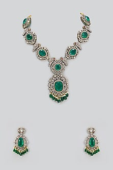 Two Tone Finish Kundan Polki & Emerald Stone Long Necklace Set