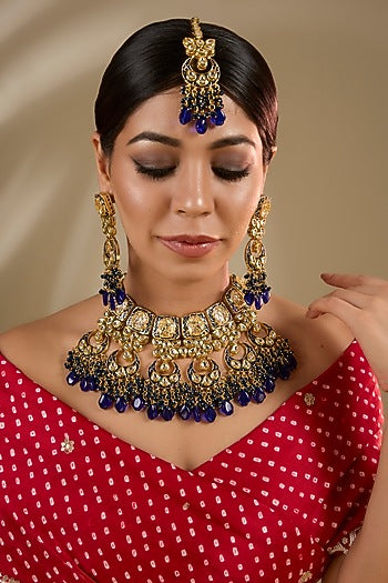 Gold Plated Kundan Polki & Blue Beaded Meenakari Necklace Set