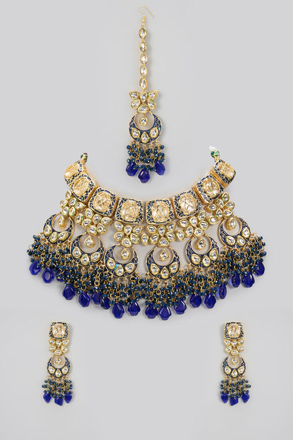 Gold Plated Kundan Polki & Blue Beaded Meenakari Necklace Set