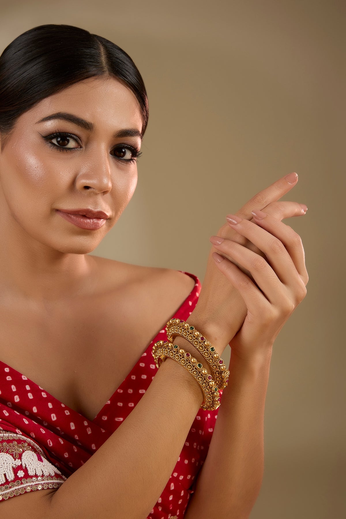 Gold Finish Ruby & Emerald Kemp Stone Kadas (Set Of 2)
