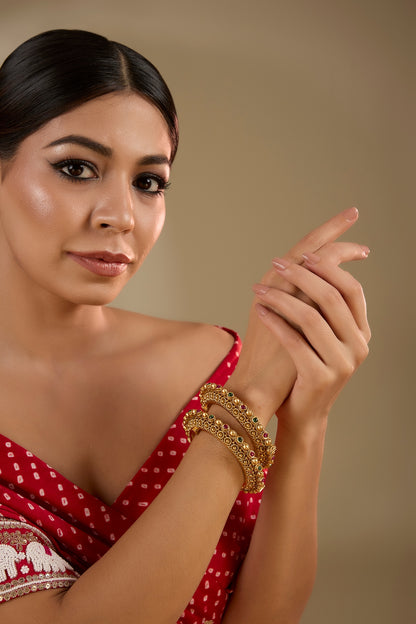 Gold Finish Ruby & Emerald Kemp Stone Kadas (Set Of 2)