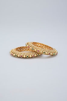 Gold Finish Ruby & Emerald Kemp Stone Kadas (Set Of 2)