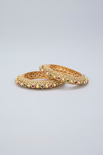 Gold Finish Ruby & Emerald Kemp Stone Kadas (Set Of 2)