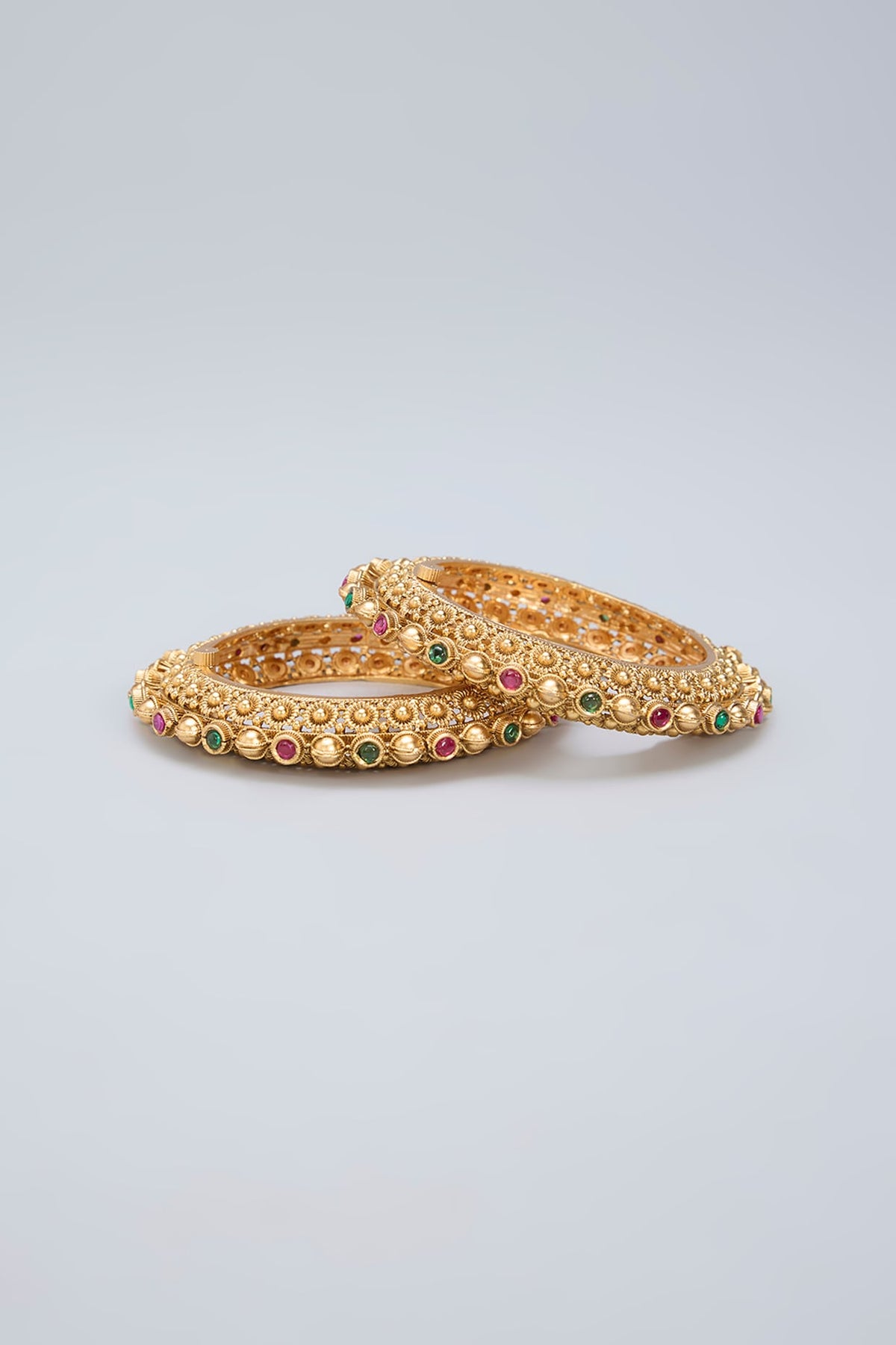 Gold Finish Ruby & Emerald Kemp Stone Kadas (Set Of 2)
