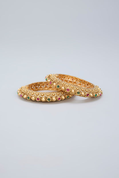 Gold Finish Ruby & Emerald Kemp Stone Kadas (Set Of 2)