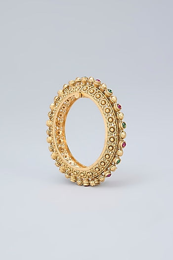 Gold Finish Ruby & Emerald Kemp Stone Kadas (Set Of 2)