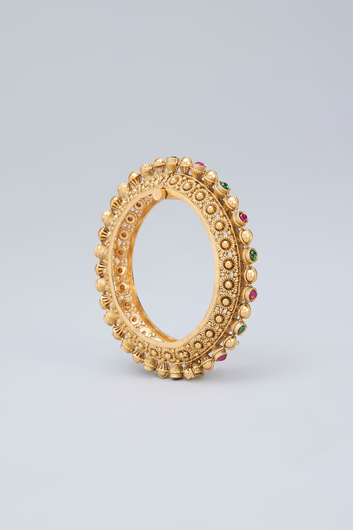 Gold Finish Ruby & Emerald Kemp Stone Kadas (Set Of 2)