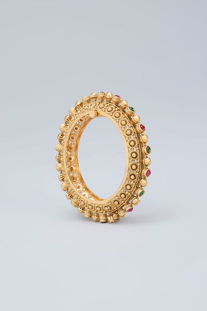Gold Finish Ruby & Emerald Kemp Stone Kadas (Set Of 2)
