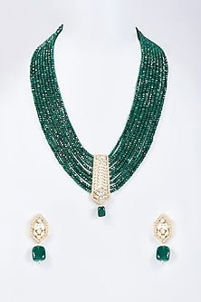 Gold Plated Green Bead & Kundan Polki Long Necklace Set