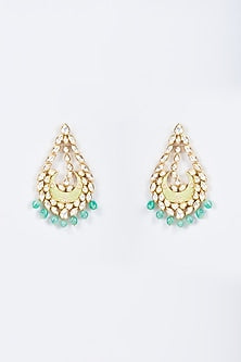 Gold Plated Green Bead & Kundan Polki Meenakari Dangler Earrings