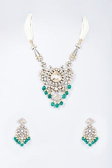 Two Tone Finish Kundan Polki & Green Bead Long Necklace Set