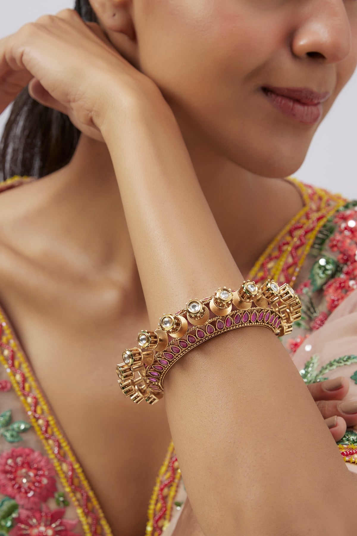 Gold Plated Kundan Polki & Ruby Stone Bracelet