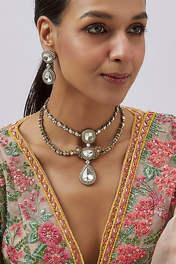 Two-Tone Finish Kundan Polki & Crystal Layered Necklace Set