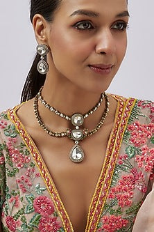 Two-Tone Finish Kundan Polki & Crystal Layered Necklace Set