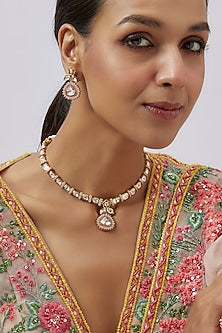 Gold Plated Kundan Polki & Pink Crystal Necklace Set
