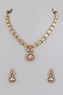 Gold Plated Kundan Polki & Pink Crystal Necklace Set