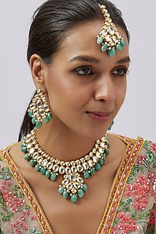 Gold Plated Kundan Polki & Green Beaded Necklace Set