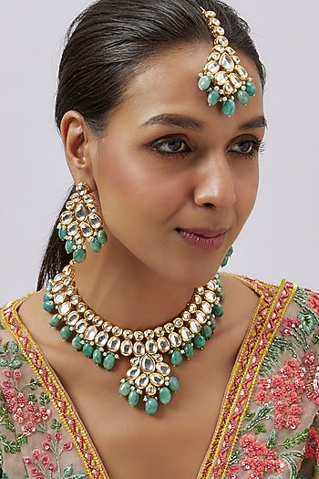 Gold Plated Kundan Polki & Green Beaded Necklace Set