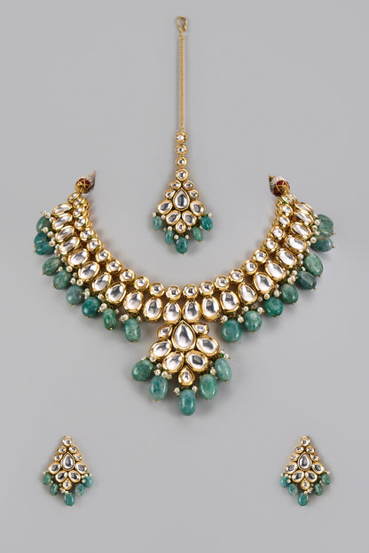 Gold Plated Kundan Polki & Green Beaded Necklace Set