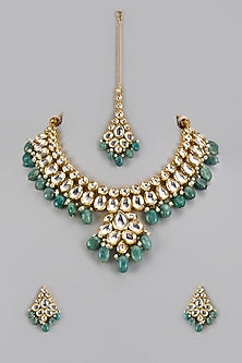 Gold Plated Kundan Polki & Green Beaded Necklace Set