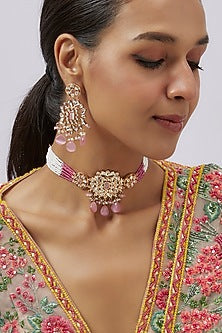 Gold Plated Kundan Polki & Pink Beaded Choker Necklace Set