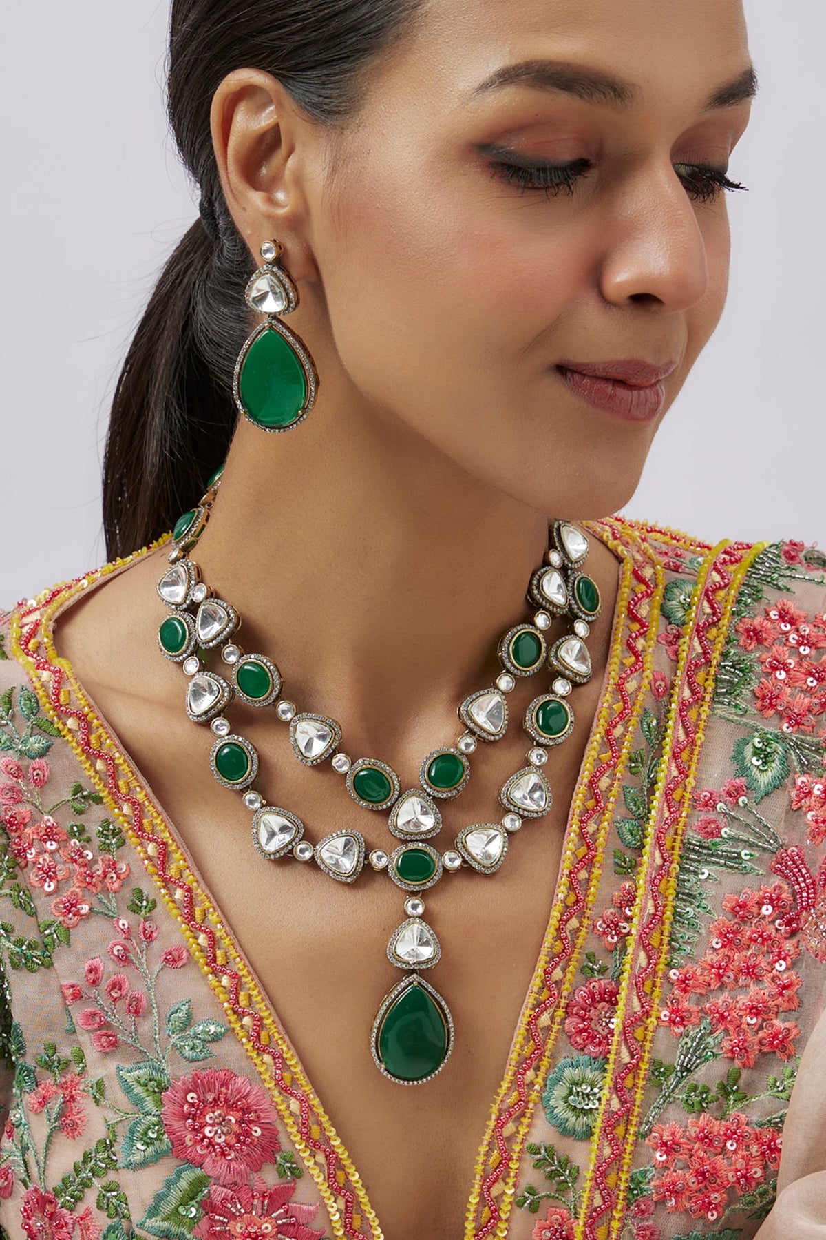 Two-Tone Finish Kundan Polki & Emerald Stone Layered Necklace Set