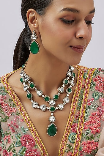 Two-Tone Finish Kundan Polki & Emerald Stone Layered Necklace Set