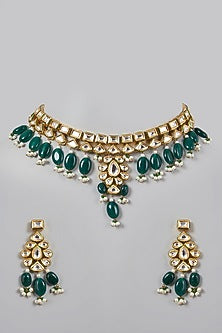 Gold Plated Kundan Polki & Emerald Necklace Set