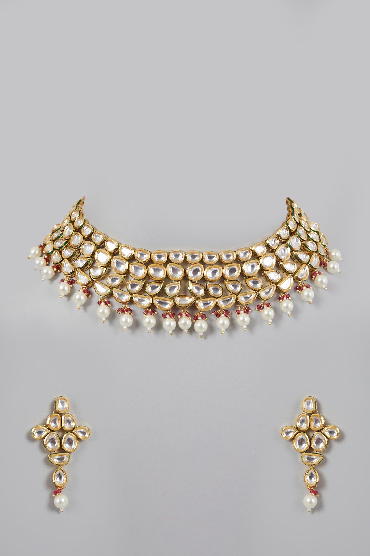 Gold Plated Pearl & Kundan Polki Necklace Set